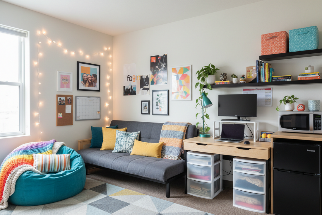 College dorm room setup with cozy bean bag chair, compact futon sofa bed, colorful throw blankets, string lights, organized desk area, and personal decor for student living
