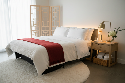 Cozy sleeper sofa prepared for holiday guests with fresh linens, pillows, and welcoming bedside amenities