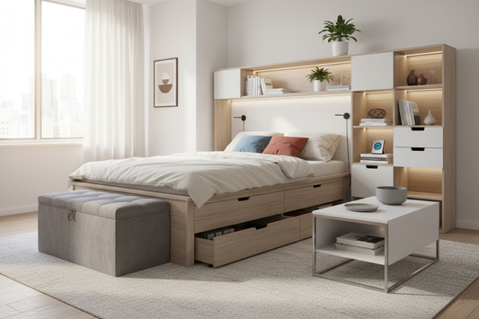 Modern organized living room featuring smart storage furniture including platform bed with drawers and ottoman bench