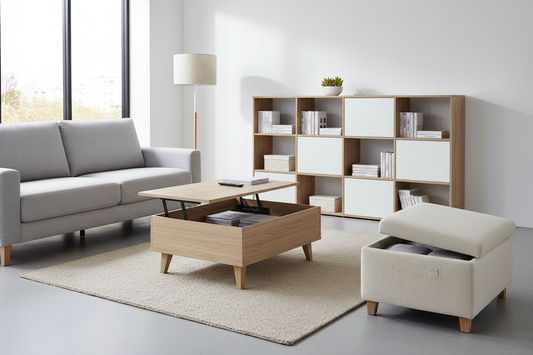  Modern minimalist living room with smart storage furniture including lift-top coffee table and ottoman bench