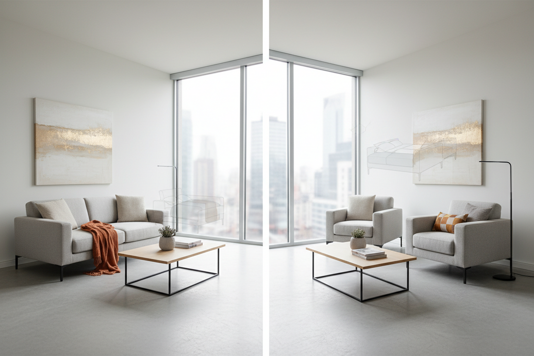 Modern living room comparison showing sleeper sofa and sleeper chair side by side in minimalist urban apartment setting