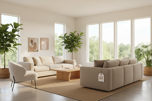 Modern minimalist living room with a beige sectional sofa and wooden coffee table, styled for a summer furniture sale.
