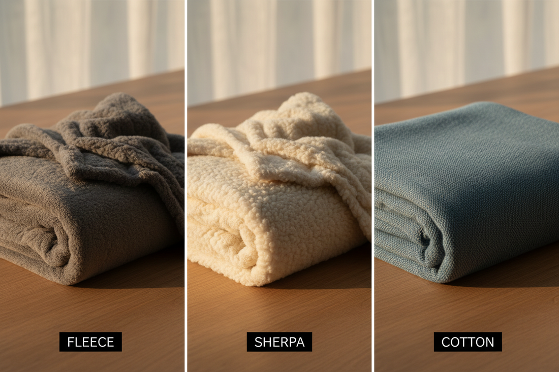 Side-by-side comparison of three throw blanket materials: soft fleece, fluffy sherpa, and smooth cotton textures displayed in modern minimalist setting