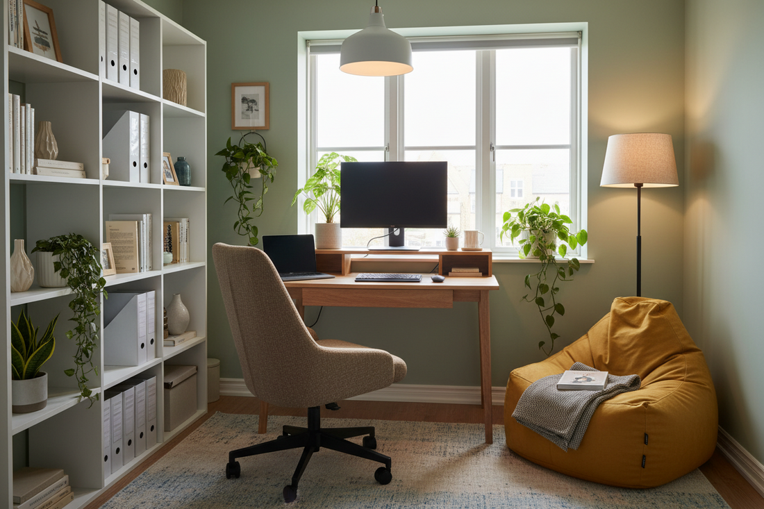 Comfortable home office setup with ergonomic accent chair at desk near window, bean bag chair for breaks, organized workspace, natural lighting, and indoor plants for productive work from home environment