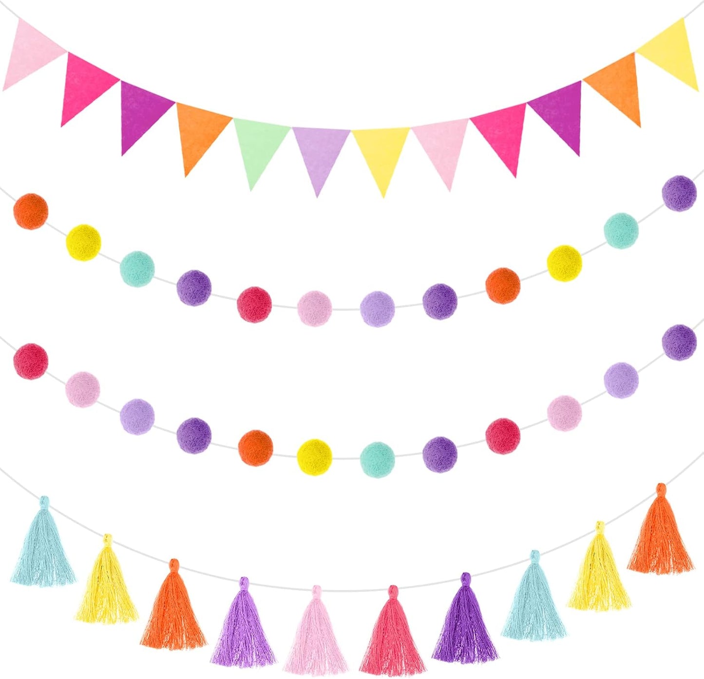 Irenare 9.8 ft Pom Pom Garland Felt Colorful Tassel Banner Christmas Party Pompoms Garland Decorations Felt Pennant Banner for Classroom Home Mantel Fireplace Birthday(Candy Color)
