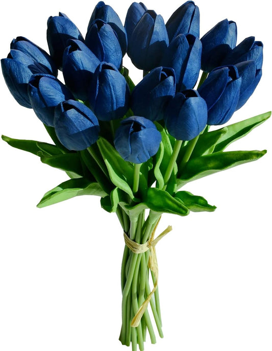 Mandy's Artificial Tulips 20 Stems Navy Blue PU Faux Flowers for Wedding Home Decor 13.5 Inch