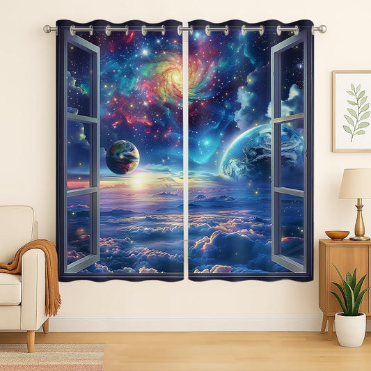 Space Galaxy Blackout Curtains for Girls Boys Kids Home Decor, Universe Nebula Galaxies Solar Planet Grommet Thermal Insulated Drapes Darkening Window Curtain for Bedroom Living Room, 55 x 63 Inch