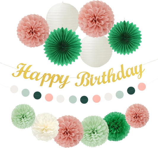 Sage-Green Pink Birthday Party-Decorations Paper-Flowers - 14pcs Happy Banner Spring Lanterns Tissue Pom Poms,Boho Streamers Garland Fans,Neutral Rustic Garden Office Hanging Supplies Decor Hugfond