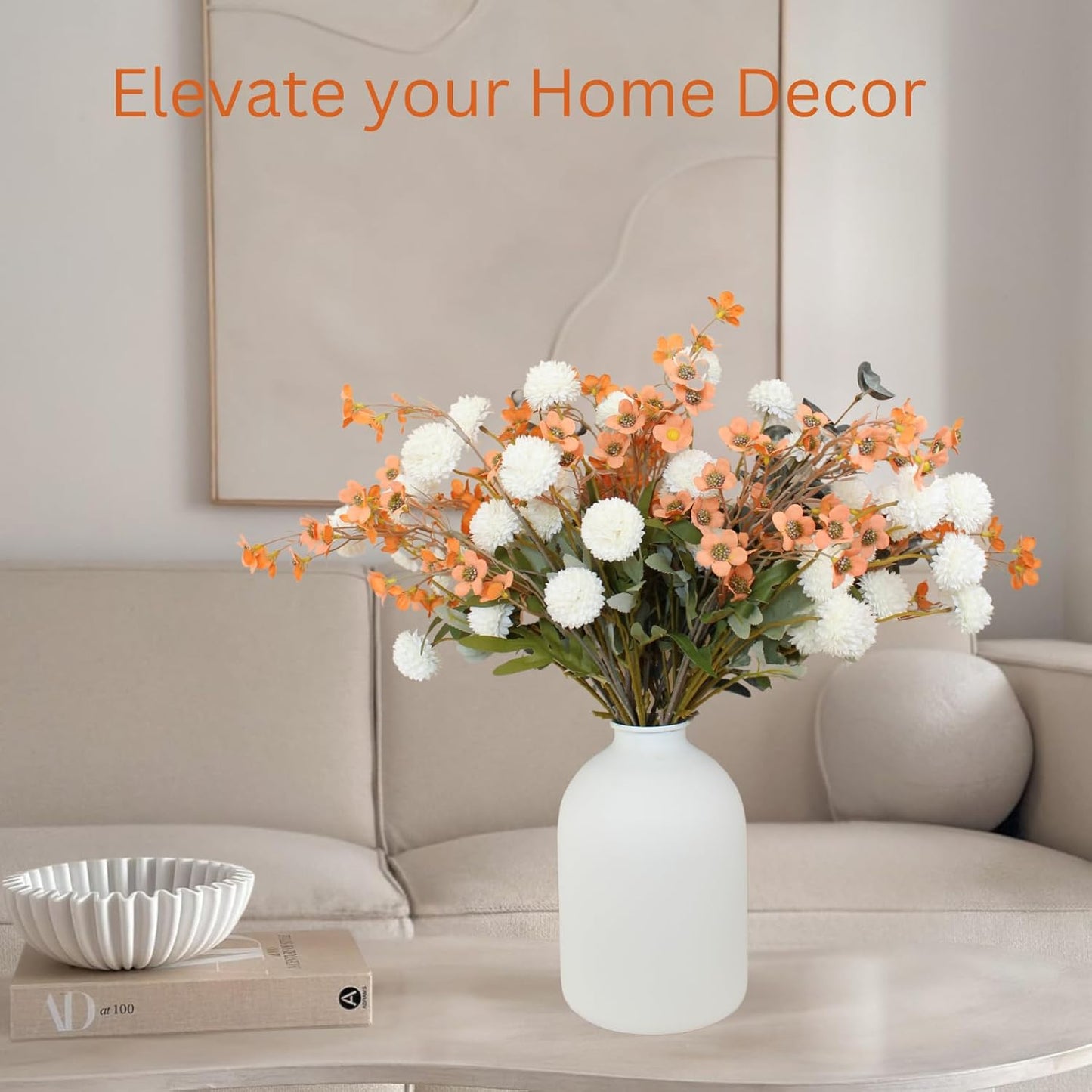 RyddeligHome Artificial White Kiku & Orange Wax Flowers, Bulk Silk Flowers with Long Stems for Vases, Spring Floral Stems Arrangements for Home Decor, Centerpieces for Tables, Rustic Decorations