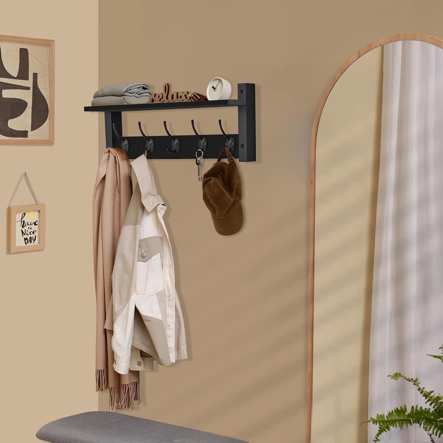 Sorbus Coat Hooks Wall Mount with Shelf – 24 Inch Coat Rack Wall Mount with 5 Heavy Duty Hooks – Floating Wall Shelf with Hooks for Entryway, Bathroom, Bedroom, Kitchen, or Mudroom (Black)