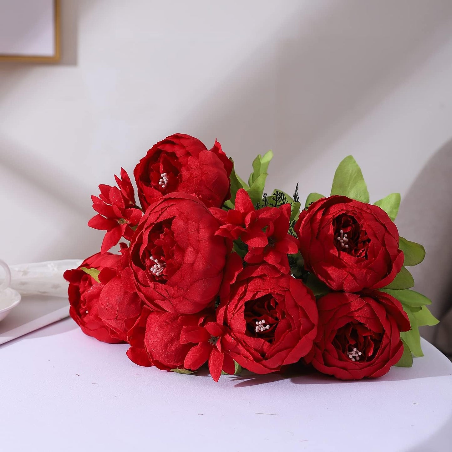 Duovlo Springs Flowers Artificial Silk Peony Bouquets Wedding Home Decoration,Pack of 1 (Spring Red)