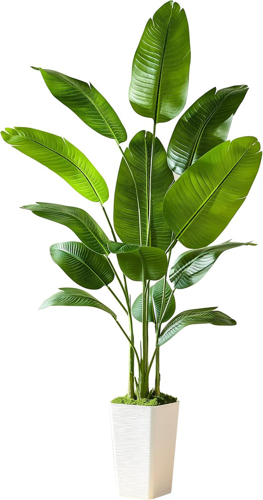Fake Bird of Paradise Silk Artificial Plant Faux Banana Leaf Tree Lifelike Bird of Paradise for Home Decor Indoor Floor Plant with 10 Trunks (1, White Tall Planter, 6 FT)