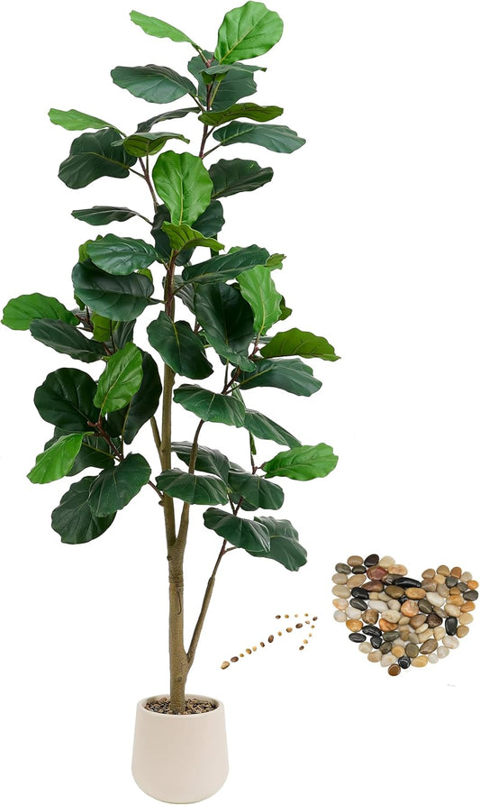 Artificial Fiddle Leaf Fig Tree, 7FT Tall Faux Ficus Lyrata Fake Tree in White Pot, Artificial Tree Indoor Decor, Fiddle Leaf Fig Tree Fake Plant for Home Office Living Room Decoration Modern