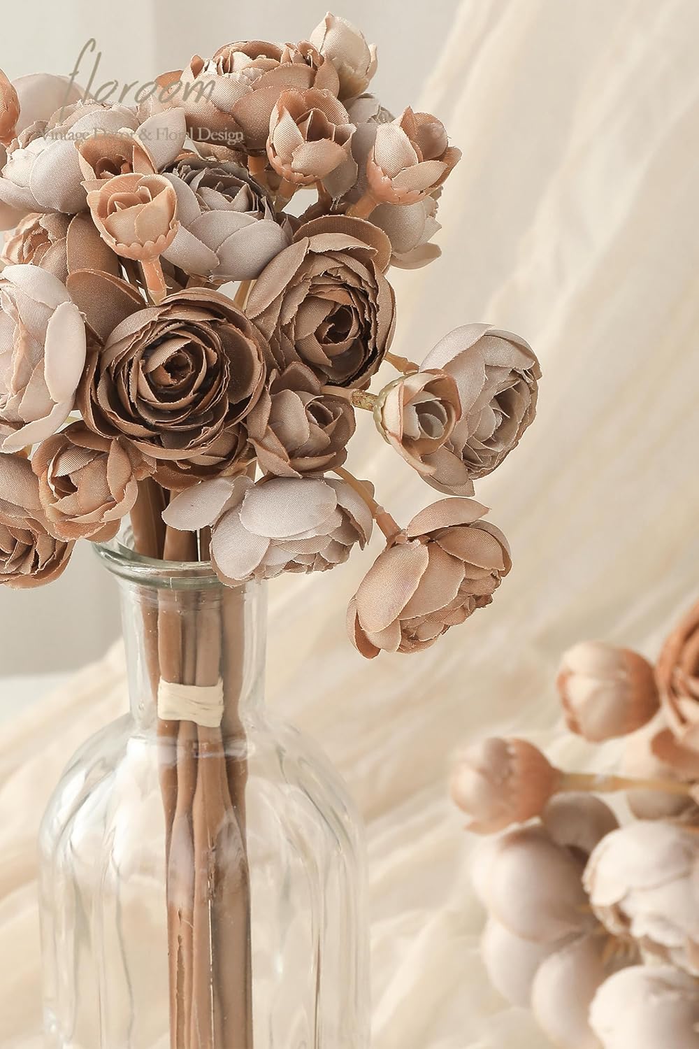 Floroom Ranunculus Artificial Flowers 18 Pcs Taupe Brown Faux Silk Mini Ranunculus Bulk Fake Wedding Filler Flowers for DIY Bouquets, Centerpieces, Bridal Shower Decorations & Arrangements