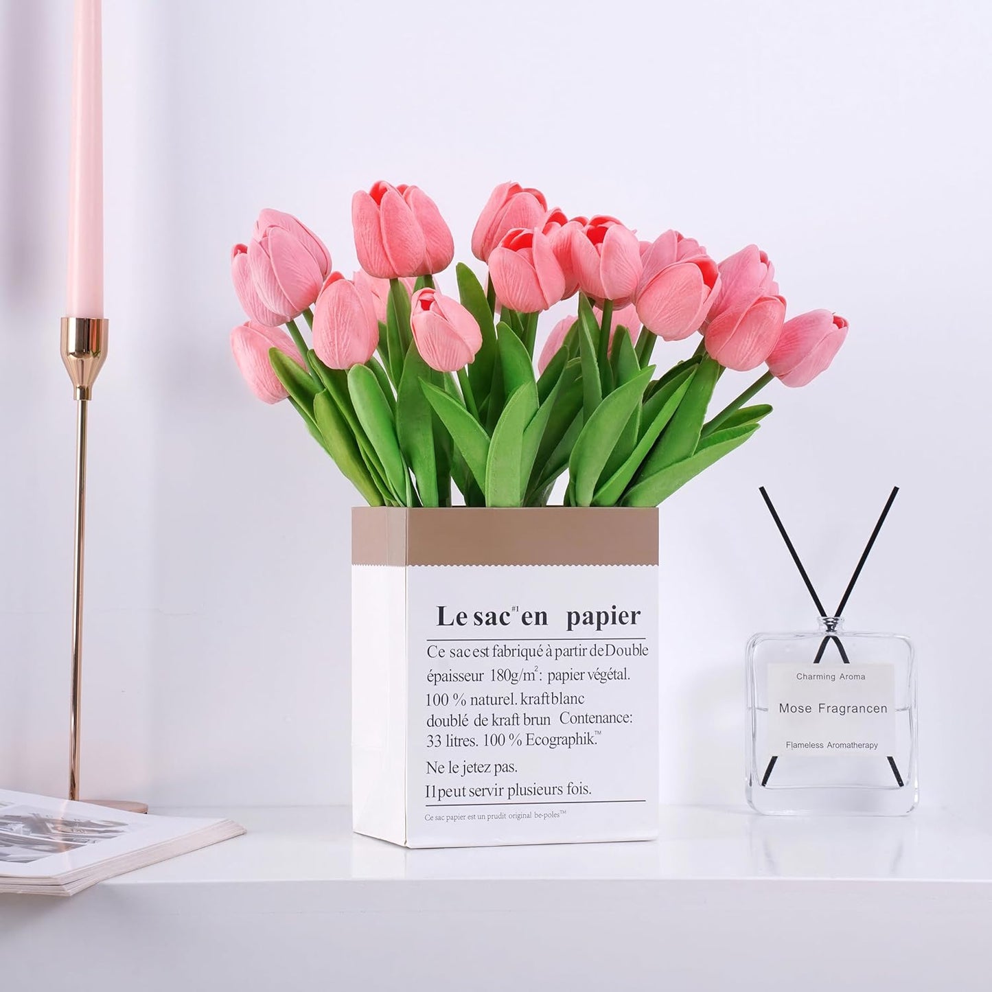20pcs Pink Artificial Tulip Fake Flower 12.9 Inch Spring Mother's Day Easter Gift for Home Kitchen Wedding Decoration