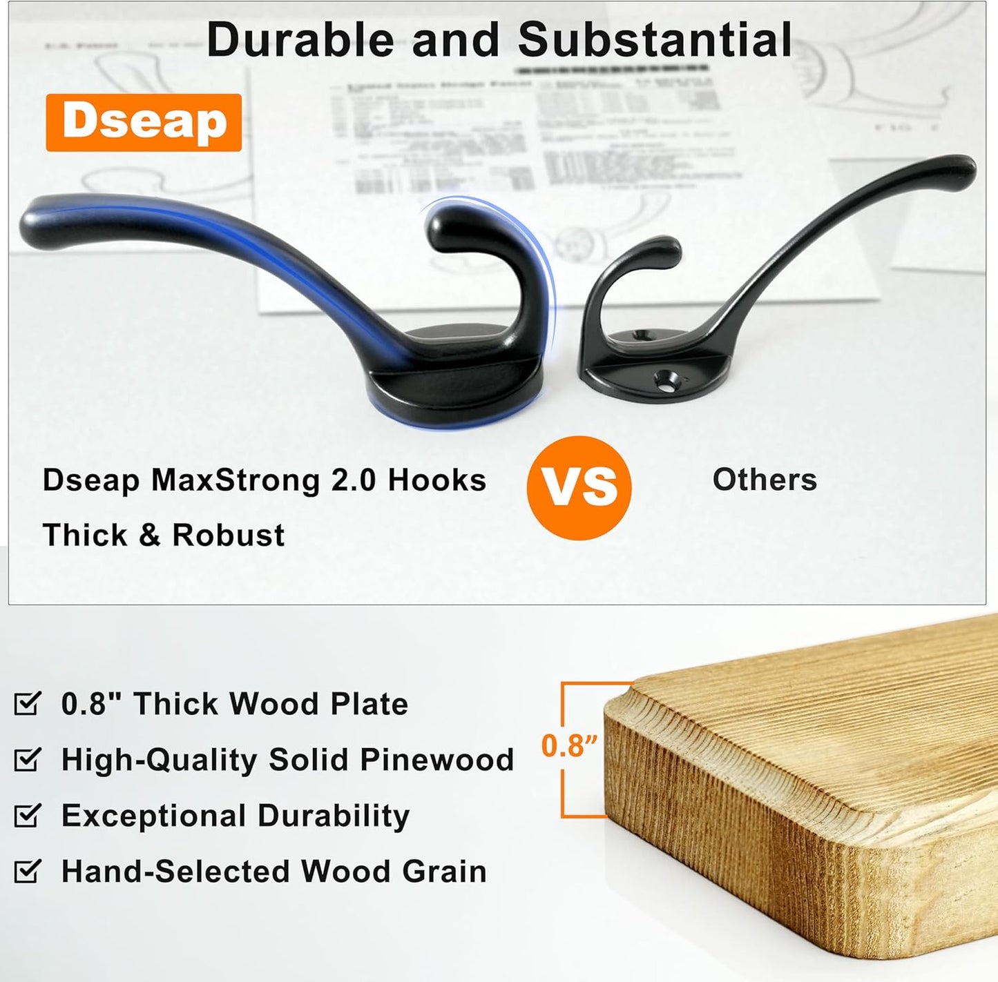 Dseap Coat Rack Wall: 38-1/4" Long, Patented, Heavy-Duty, 10-Double-Hooks Wooden Wall Mounted Coat Rack Coat Hanger Hook Rail for Winter Coats Hat Jacket Clothing, Light Brown