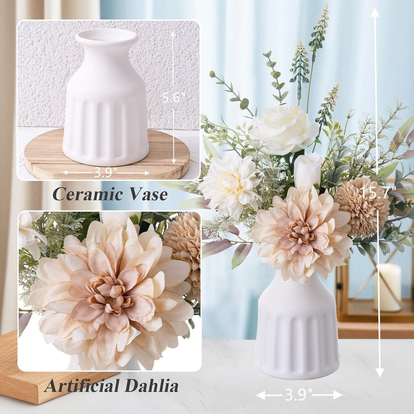 Fake Flowers in Vase, Artificial Flowers with Vase, 15.7'' Floral Arrangements for Dining Table Centerpiece Decor, Silk Roses & Faux Dahlia Bouquet for Farmfouse Kitchen Coffee Table Decor (Brown)