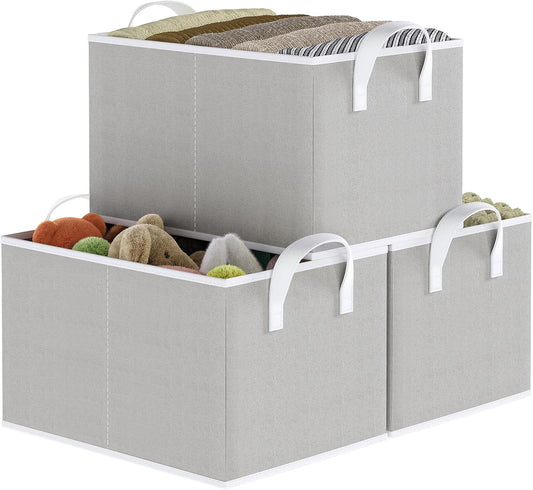 Closet Storage Bins, Fabric Closet Organizers and Storage Basket for Shelves, Collapsible Shelf Baskets for Organizing Shelves, Bedroom Clothes Basket, Gray, 3 Pack