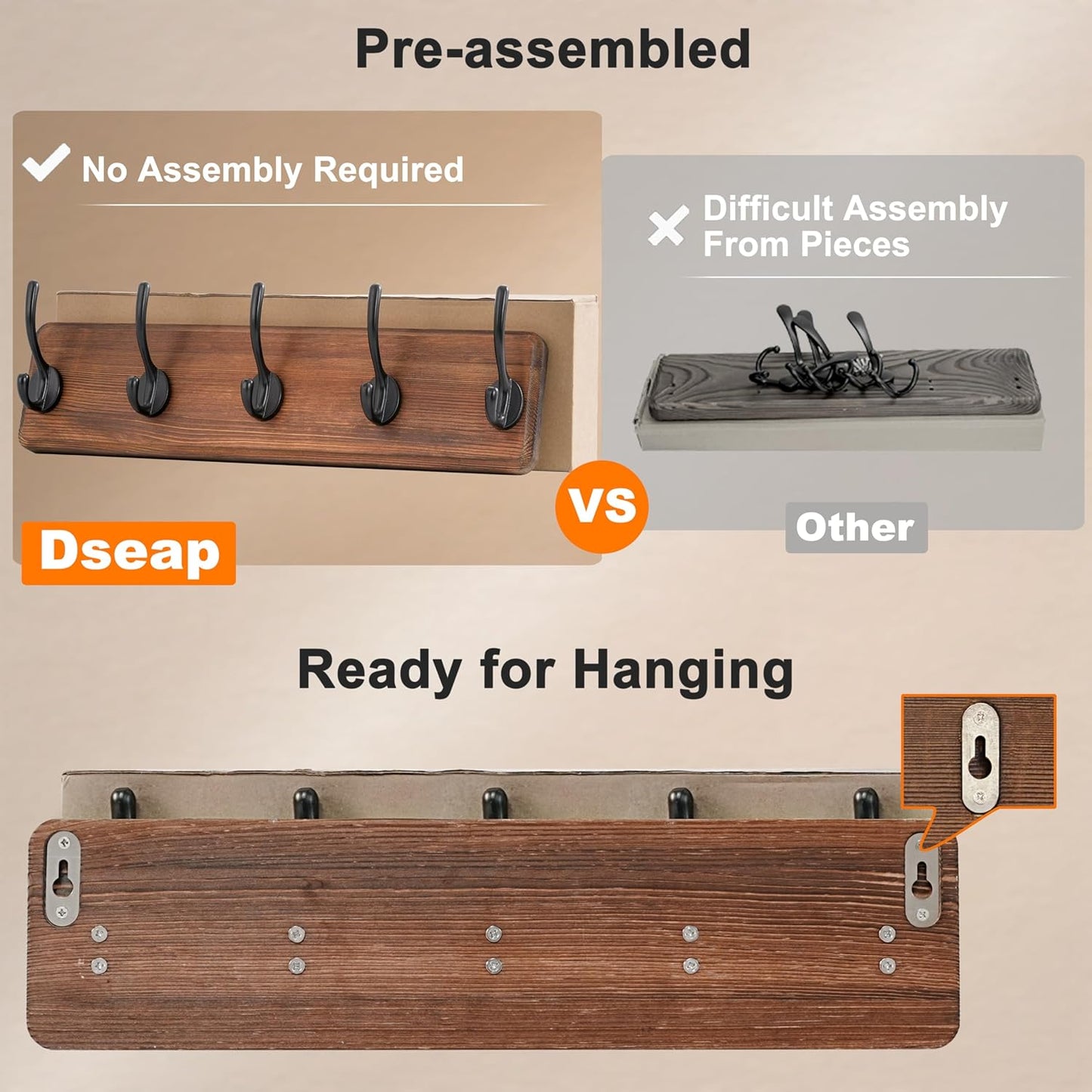 Dseap Coat Rack Wall Mount: Modern, Patented, Heavy-Duty, 17.4" Long 5-Double-Hooks Wooden Hanger Hook Rail for Winter Coats Hat Jacket Clothing, Black