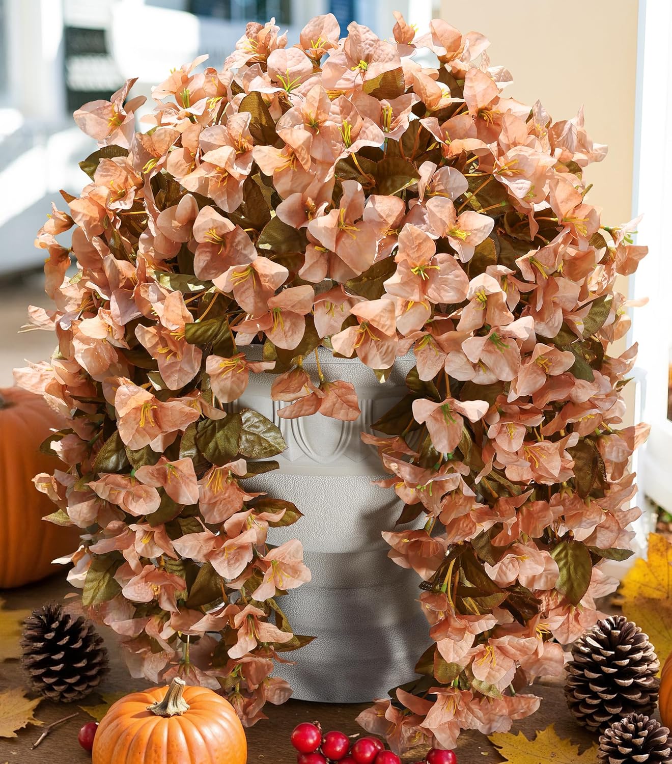 Bougainvillea Artificial Flowers Plants for Outdoors Outside Fall Autumn Decoration, 2 pcs Faux Silk Long Trailing Vines UV Resistant Look Real Brown Fake Flowers for Front Door Porch Planter Urn Yard