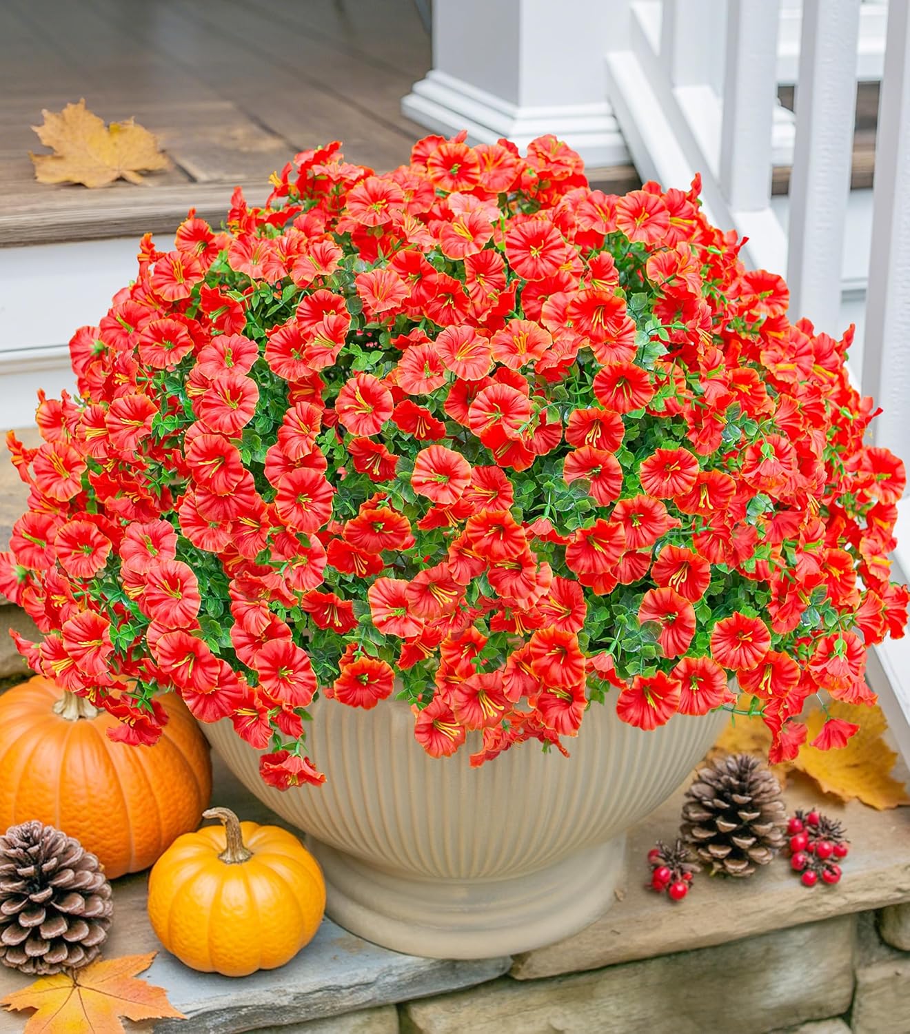 Artificial Fall Flowers Fake Plants for Outdoors Autumn Decoration, 12 Bundles Orange Silk Morning Glory with Eucalyptus Look Real UV Resistant Faux Flowers for Outside Planters Front Door Yard Indoor