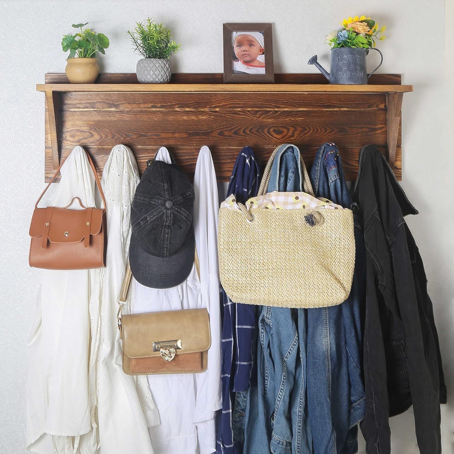 WEBI Coat Rack Wall Mount with Shelf,8 Peg Hooks,34" Long Rustic Entryway Wall Shelf with Hooks Underneath for Hanging Coats,Clothes,Bathroom,Rustic Brown