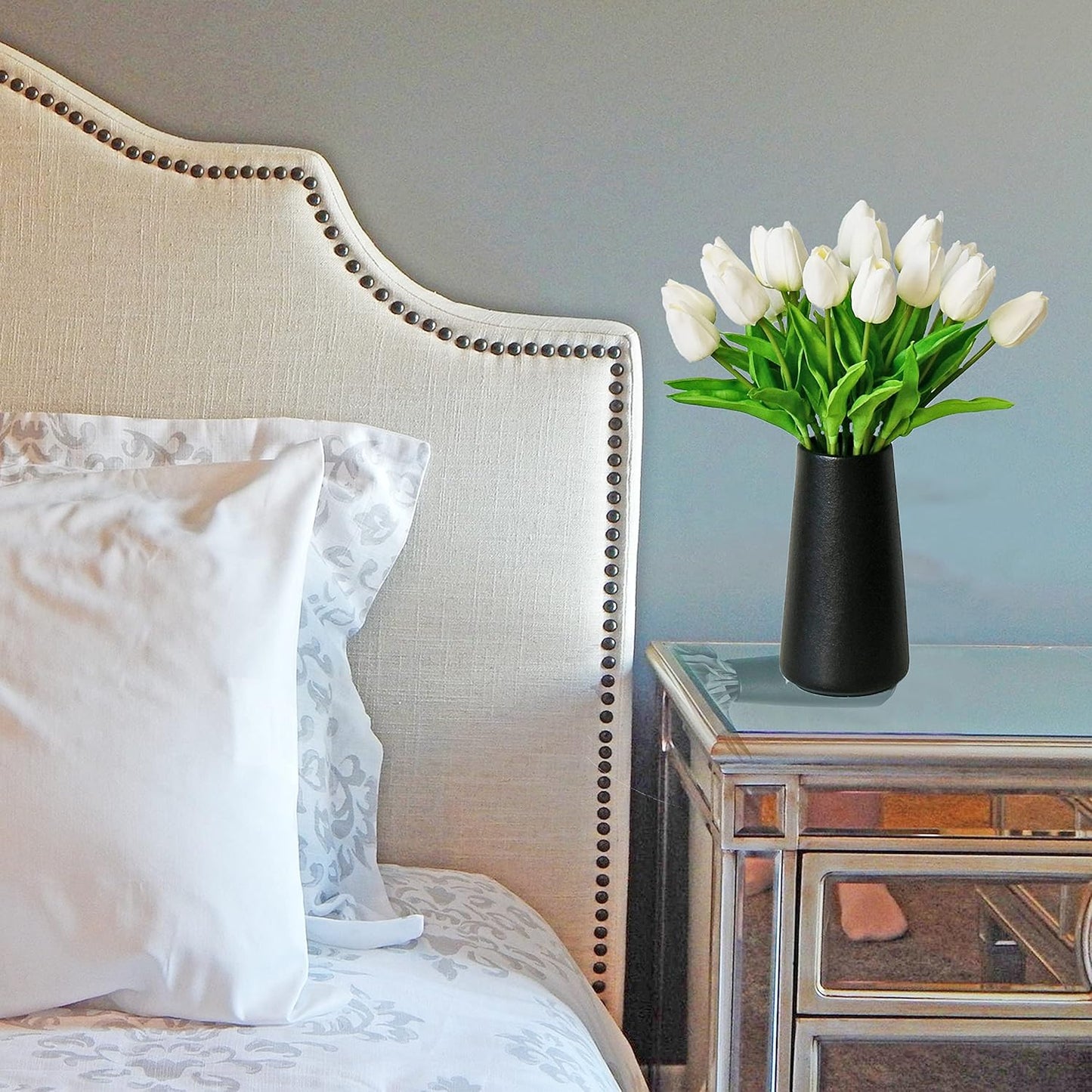 Mandy's Artificial Tulips 20 Stems Pure White PU Faux Flowers for Wedding Home Decor 13.5 Inch