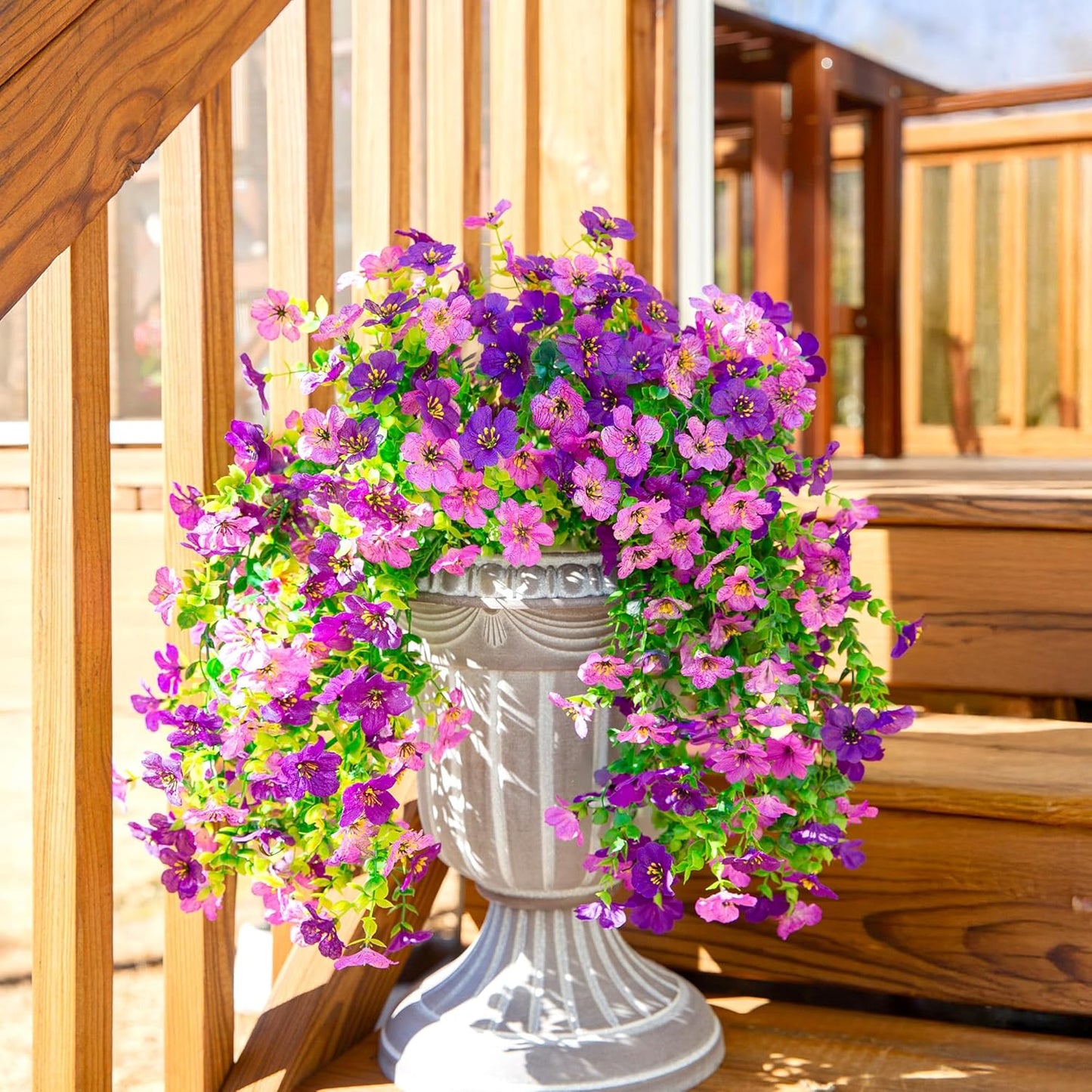 Artificial Faux Hanging Flowers Plants for Spring Outdoor Outside Decoration, 2 PCS Fake Silk Daisy with Eucalyptus UV Resistant Realistic Trailing Vines for Balcony Patio Porch (Darkpurple+Purple)